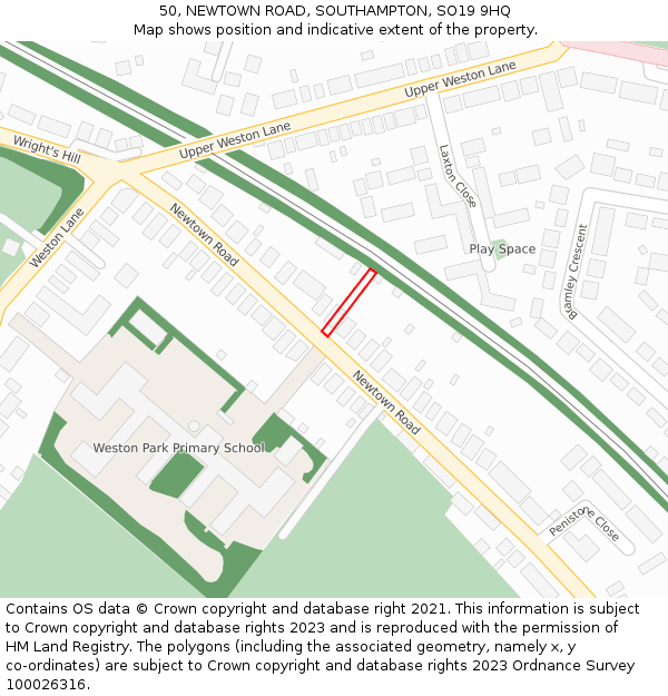 50, NEWTOWN ROAD, SOUTHAMPTON, SO19 9HQ: Location map and indicative extent of plot