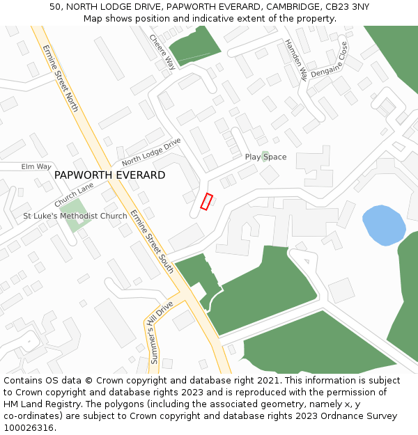 50, NORTH LODGE DRIVE, PAPWORTH EVERARD, CAMBRIDGE, CB23 3NY: Location map and indicative extent of plot