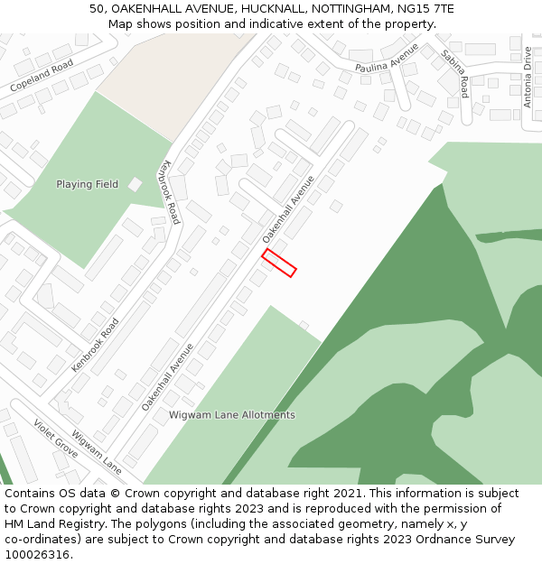 50, OAKENHALL AVENUE, HUCKNALL, NOTTINGHAM, NG15 7TE: Location map and indicative extent of plot