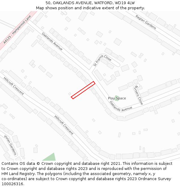 50, OAKLANDS AVENUE, WATFORD, WD19 4LW: Location map and indicative extent of plot