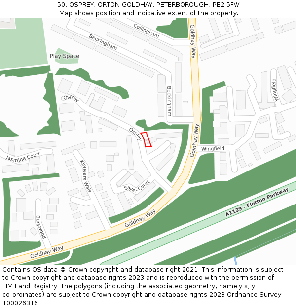 50, OSPREY, ORTON GOLDHAY, PETERBOROUGH, PE2 5FW: Location map and indicative extent of plot