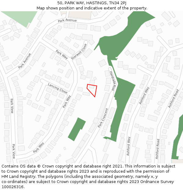 50, PARK WAY, HASTINGS, TN34 2PJ: Location map and indicative extent of plot