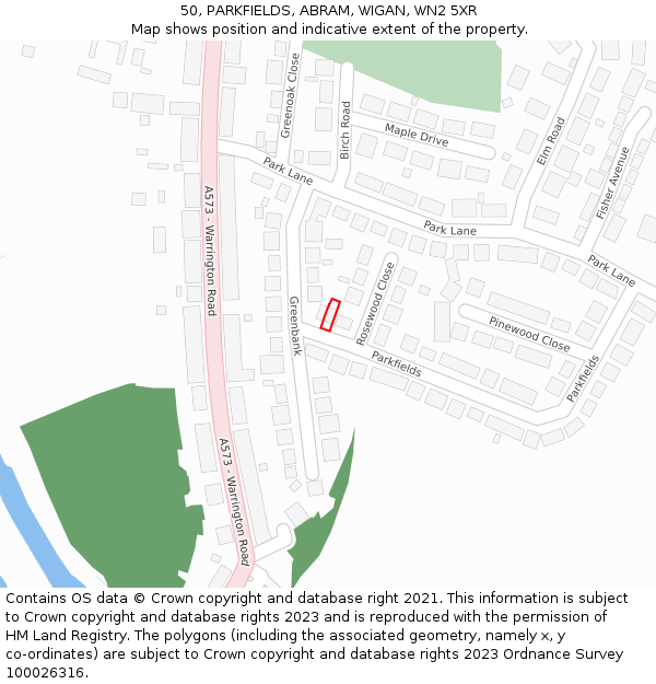 50, PARKFIELDS, ABRAM, WIGAN, WN2 5XR: Location map and indicative extent of plot