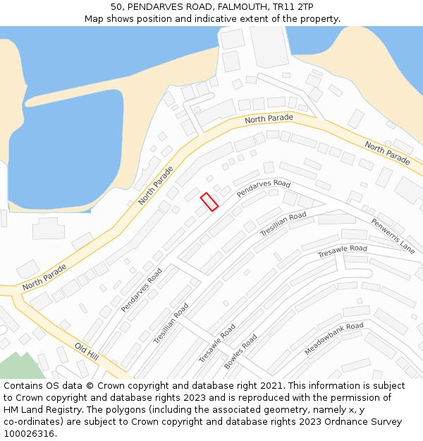 50, PENDARVES ROAD, FALMOUTH, TR11 2TP: Location map and indicative extent of plot