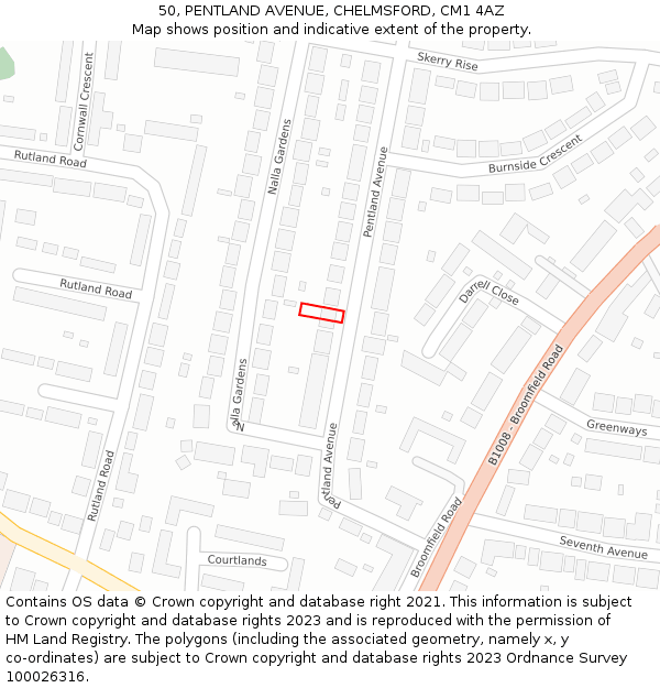 50, PENTLAND AVENUE, CHELMSFORD, CM1 4AZ: Location map and indicative extent of plot