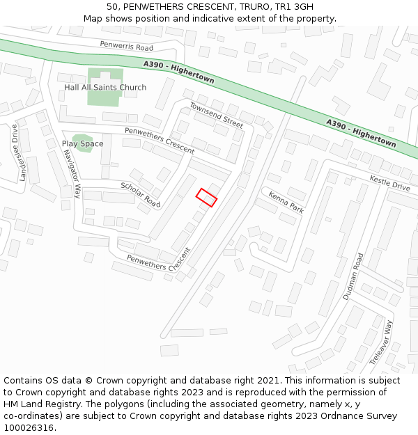 50, PENWETHERS CRESCENT, TRURO, TR1 3GH: Location map and indicative extent of plot