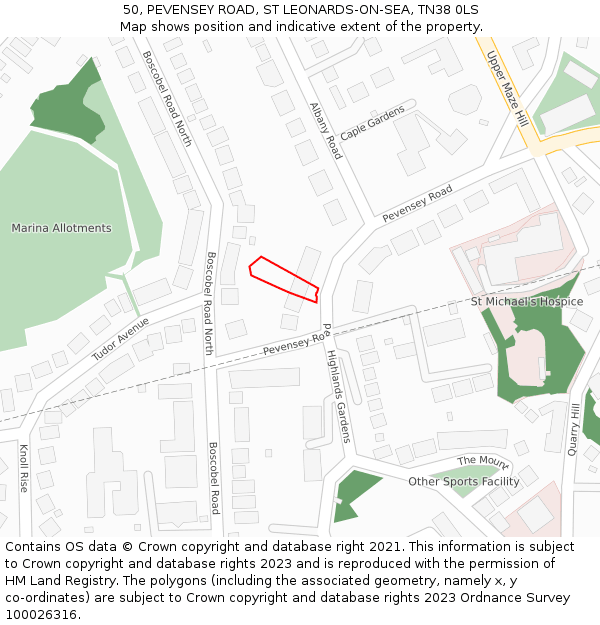 50, PEVENSEY ROAD, ST LEONARDS-ON-SEA, TN38 0LS: Location map and indicative extent of plot