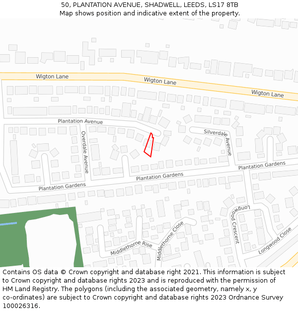 50, PLANTATION AVENUE, SHADWELL, LEEDS, LS17 8TB: Location map and indicative extent of plot