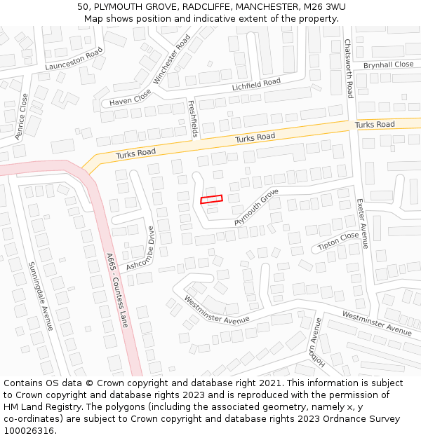 50, PLYMOUTH GROVE, RADCLIFFE, MANCHESTER, M26 3WU: Location map and indicative extent of plot
