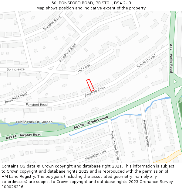 50, PONSFORD ROAD, BRISTOL, BS4 2UR: Location map and indicative extent of plot