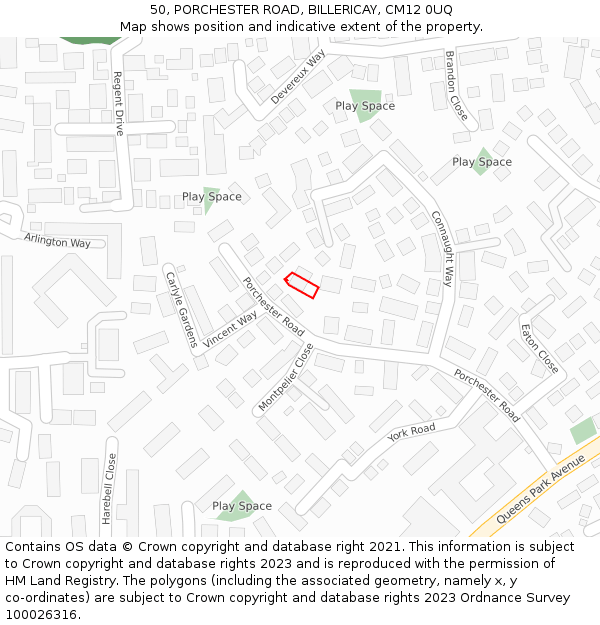 50, PORCHESTER ROAD, BILLERICAY, CM12 0UQ: Location map and indicative extent of plot