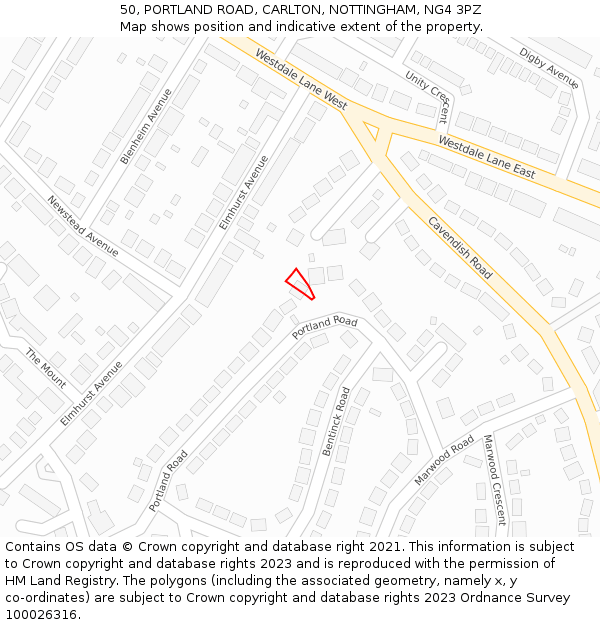50, PORTLAND ROAD, CARLTON, NOTTINGHAM, NG4 3PZ: Location map and indicative extent of plot