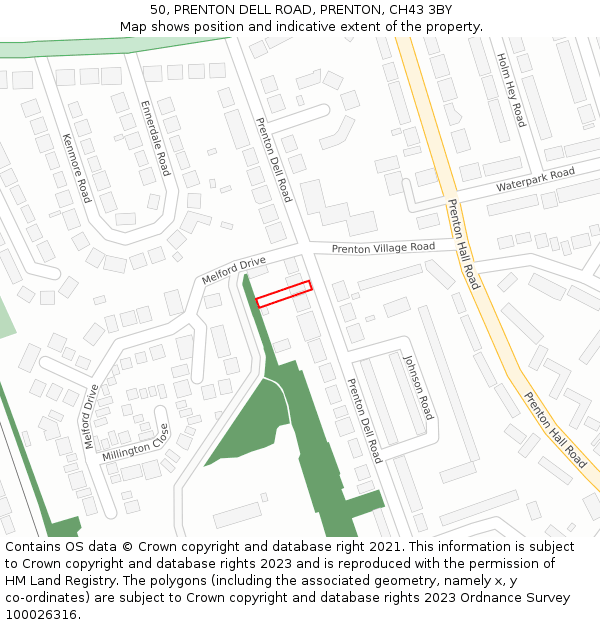 50, PRENTON DELL ROAD, PRENTON, CH43 3BY: Location map and indicative extent of plot