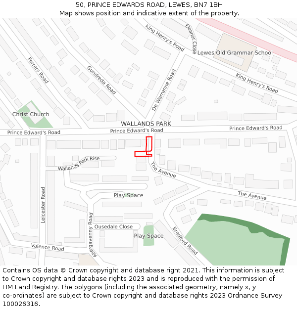 50, PRINCE EDWARDS ROAD, LEWES, BN7 1BH: Location map and indicative extent of plot