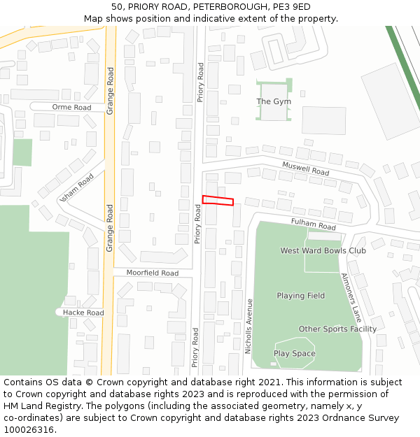 50, PRIORY ROAD, PETERBOROUGH, PE3 9ED: Location map and indicative extent of plot