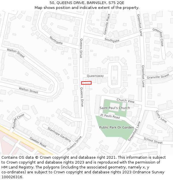 50, QUEENS DRIVE, BARNSLEY, S75 2QE: Location map and indicative extent of plot