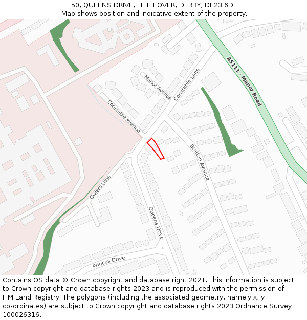 50, QUEENS DRIVE, LITTLEOVER, DERBY, DE23 6DT: Location map and indicative extent of plot