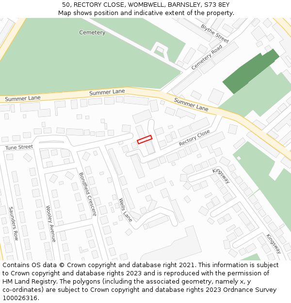 50, RECTORY CLOSE, WOMBWELL, BARNSLEY, S73 8EY: Location map and indicative extent of plot