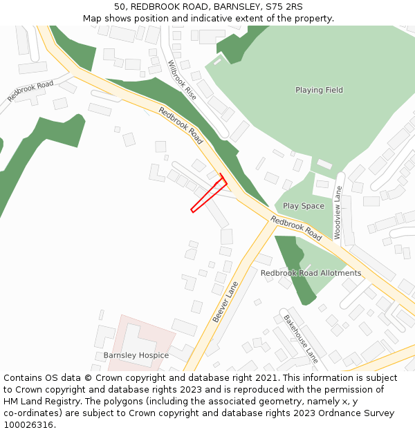 50, REDBROOK ROAD, BARNSLEY, S75 2RS: Location map and indicative extent of plot
