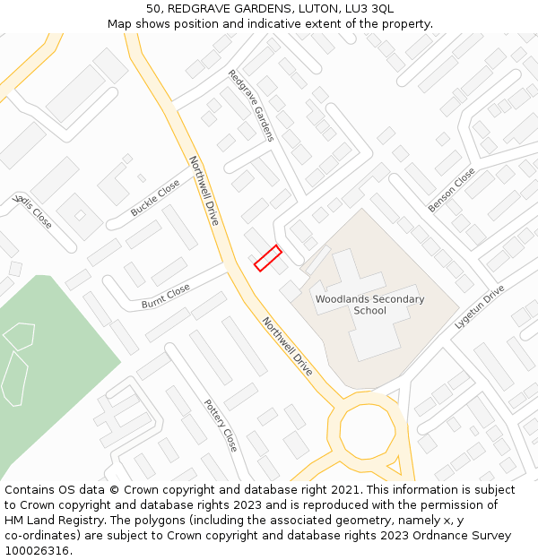 50, REDGRAVE GARDENS, LUTON, LU3 3QL: Location map and indicative extent of plot