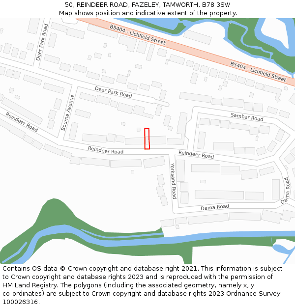 50, REINDEER ROAD, FAZELEY, TAMWORTH, B78 3SW: Location map and indicative extent of plot