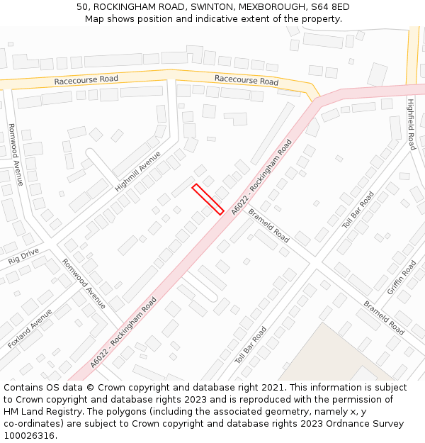 50, ROCKINGHAM ROAD, SWINTON, MEXBOROUGH, S64 8ED: Location map and indicative extent of plot