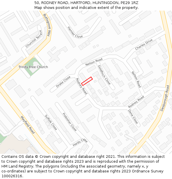 50, RODNEY ROAD, HARTFORD, HUNTINGDON, PE29 1RZ: Location map and indicative extent of plot