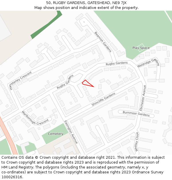 50, RUGBY GARDENS, GATESHEAD, NE9 7JX: Location map and indicative extent of plot