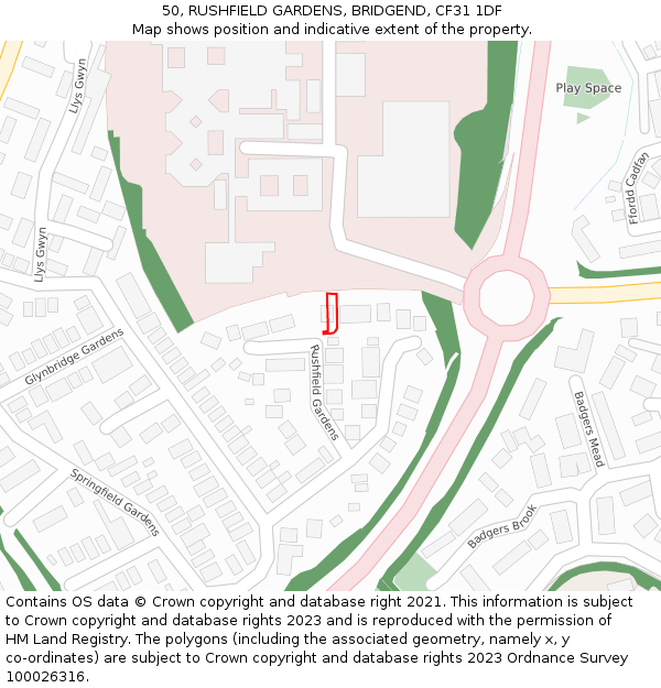 50, RUSHFIELD GARDENS, BRIDGEND, CF31 1DF: Location map and indicative extent of plot