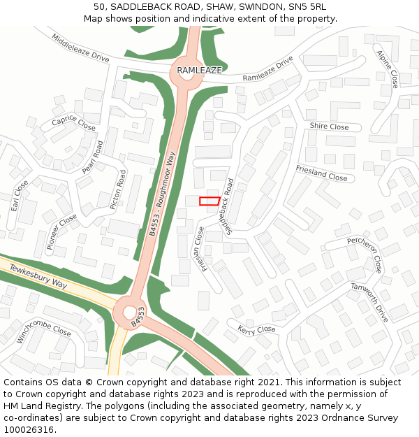 50, SADDLEBACK ROAD, SHAW, SWINDON, SN5 5RL: Location map and indicative extent of plot