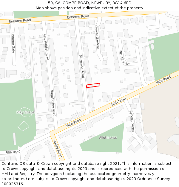 50, SALCOMBE ROAD, NEWBURY, RG14 6ED: Location map and indicative extent of plot
