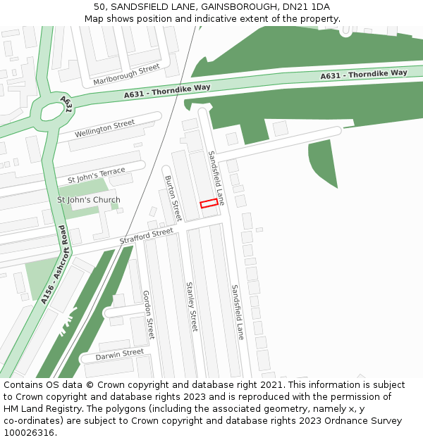 50, SANDSFIELD LANE, GAINSBOROUGH, DN21 1DA: Location map and indicative extent of plot