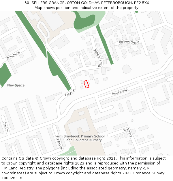 50, SELLERS GRANGE, ORTON GOLDHAY, PETERBOROUGH, PE2 5XX: Location map and indicative extent of plot