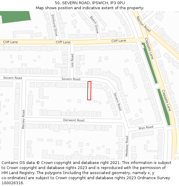 50, SEVERN ROAD, IPSWICH, IP3 0PU: Location map and indicative extent of plot
