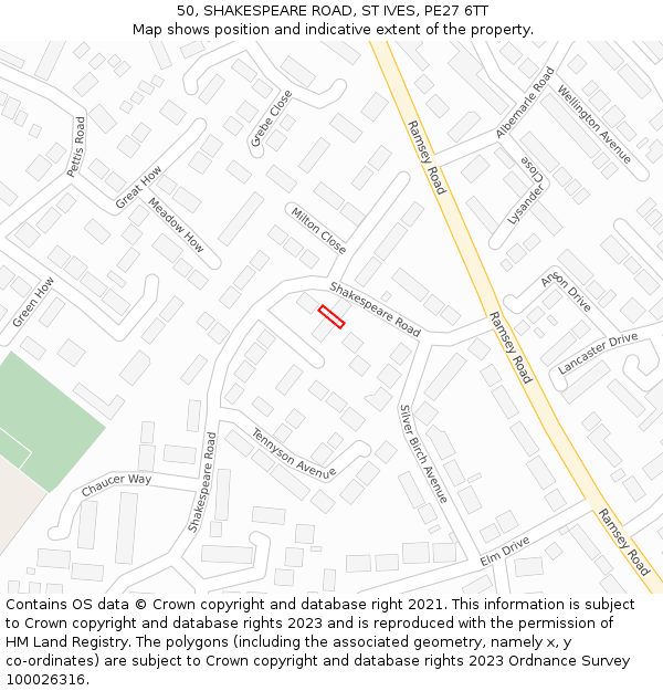50, SHAKESPEARE ROAD, ST IVES, PE27 6TT: Location map and indicative extent of plot