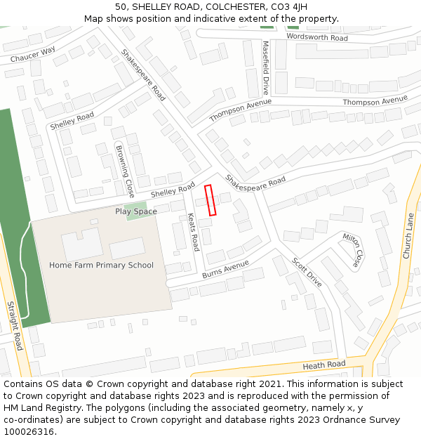 50, SHELLEY ROAD, COLCHESTER, CO3 4JH: Location map and indicative extent of plot