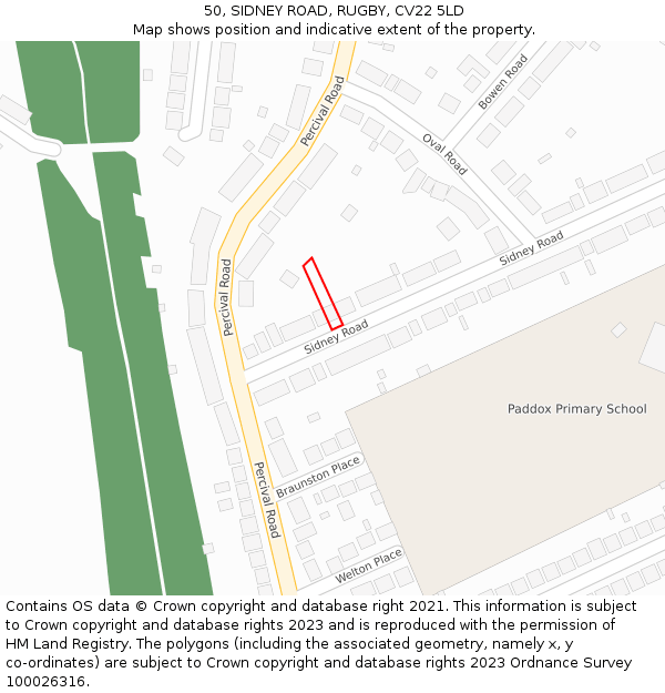 50, SIDNEY ROAD, RUGBY, CV22 5LD: Location map and indicative extent of plot