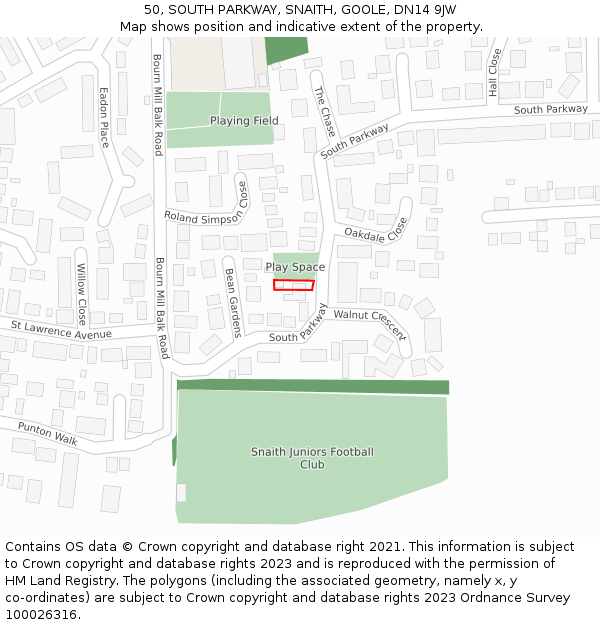 50, SOUTH PARKWAY, SNAITH, GOOLE, DN14 9JW: Location map and indicative extent of plot