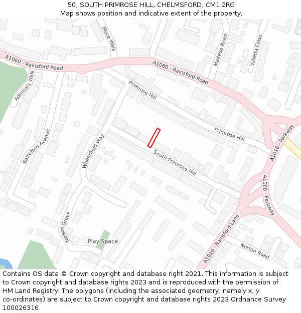 50, SOUTH PRIMROSE HILL, CHELMSFORD, CM1 2RG: Location map and indicative extent of plot