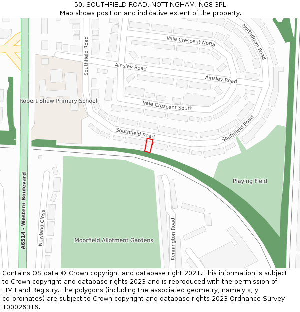 50, SOUTHFIELD ROAD, NOTTINGHAM, NG8 3PL: Location map and indicative extent of plot