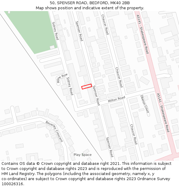 50, SPENSER ROAD, BEDFORD, MK40 2BB: Location map and indicative extent of plot
