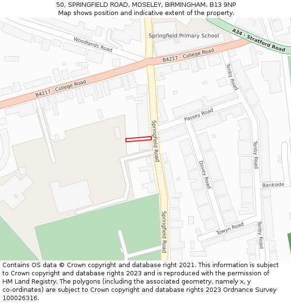 50, SPRINGFIELD ROAD, MOSELEY, BIRMINGHAM, B13 9NP: Location map and indicative extent of plot