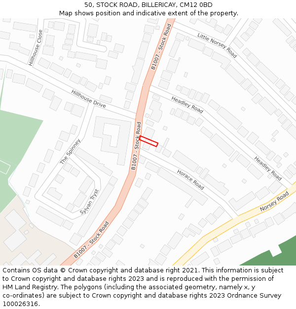 50, STOCK ROAD, BILLERICAY, CM12 0BD: Location map and indicative extent of plot