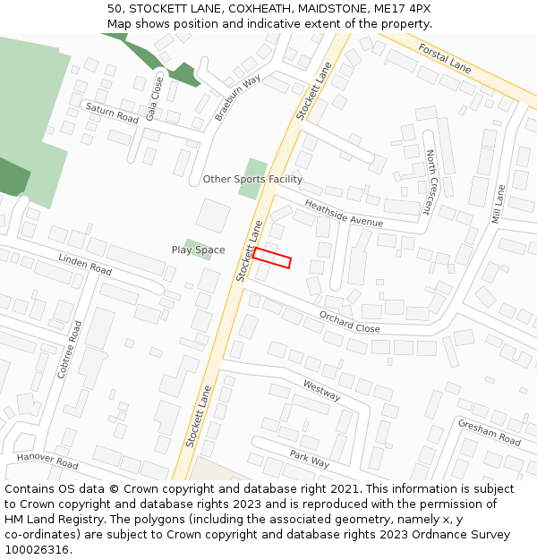 50, STOCKETT LANE, COXHEATH, MAIDSTONE, ME17 4PX: Location map and indicative extent of plot