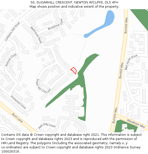 50, SUGARHILL CRESCENT, NEWTON AYCLIFFE, DL5 4FH: Location map and indicative extent of plot