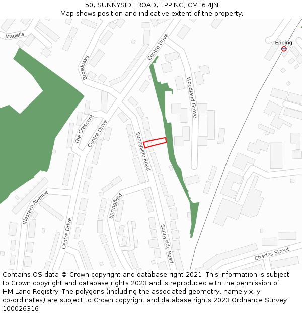 50, SUNNYSIDE ROAD, EPPING, CM16 4JN: Location map and indicative extent of plot