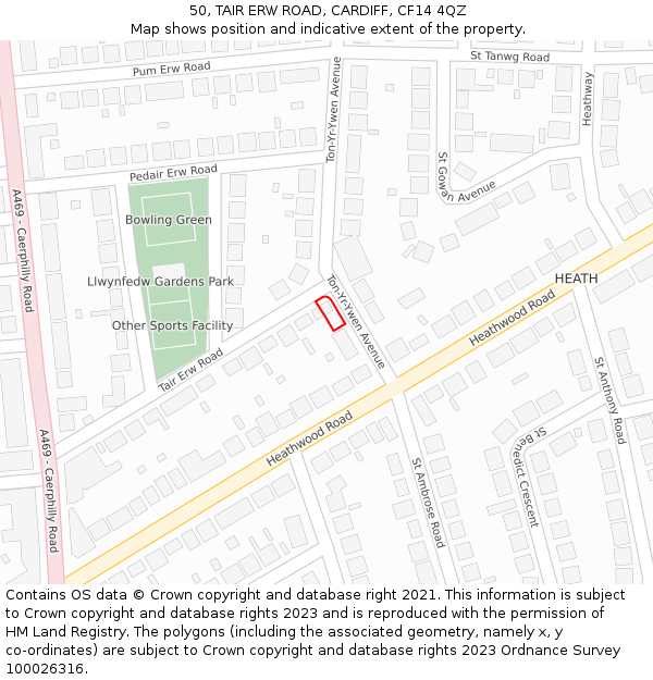 50, TAIR ERW ROAD, CARDIFF, CF14 4QZ: Location map and indicative extent of plot