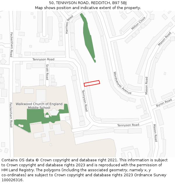 50, TENNYSON ROAD, REDDITCH, B97 5BJ: Location map and indicative extent of plot
