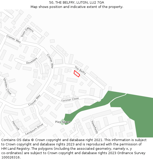 50, THE BELFRY, LUTON, LU2 7GA: Location map and indicative extent of plot