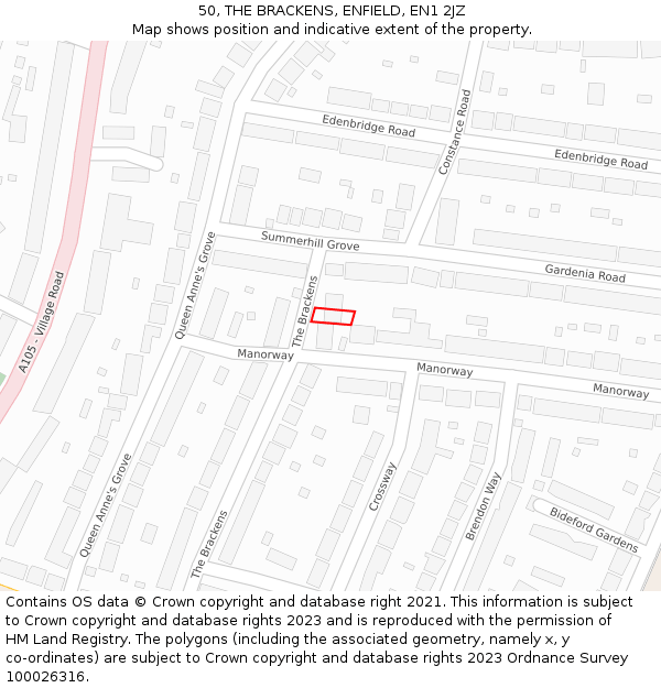 50, THE BRACKENS, ENFIELD, EN1 2JZ: Location map and indicative extent of plot